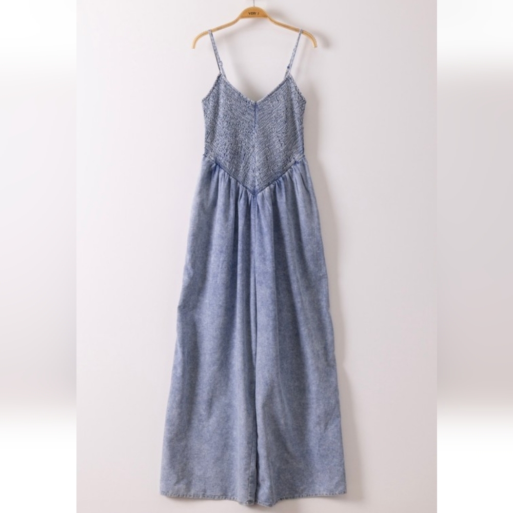 Very J Light Blue Denim-Look Smocked Jumpsuit